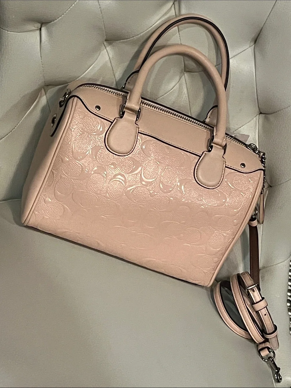Coach Embossed Pebbled Patent Satchel Crossbody Light Blush Pink Beautiful Lux